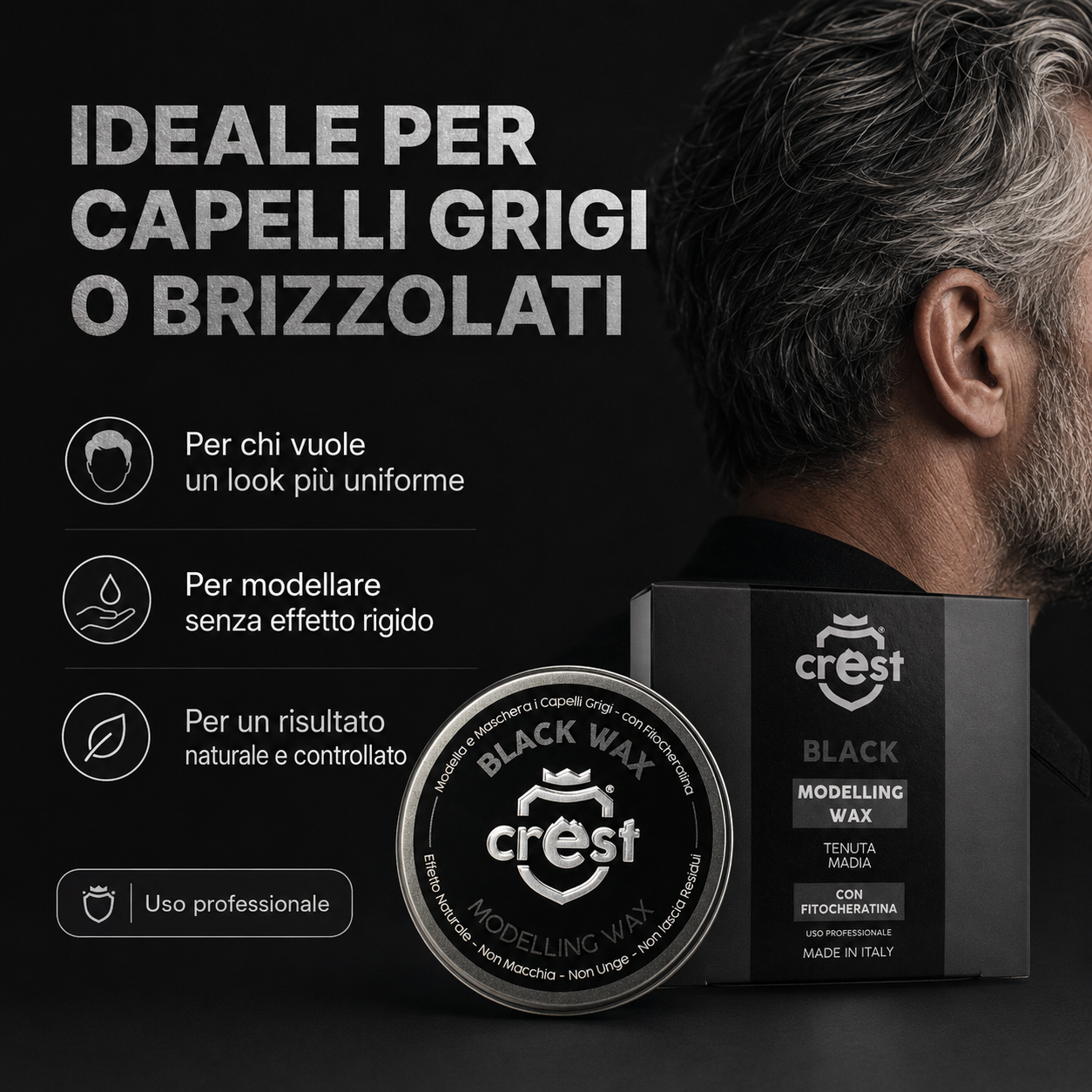 Crest Black Wax cera modellante indicata per capelli grigi o brizzolati, per un look uniforme e naturale.