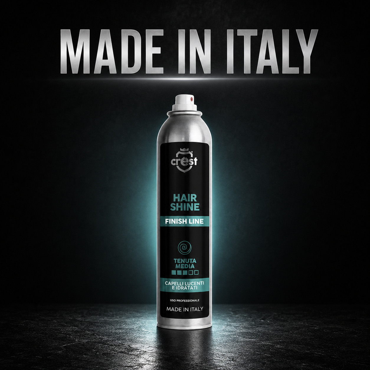 CREST Hair Shine in un’ambientazione professionale nera e verde petrolio dedicata alla qualità Made in Italy.