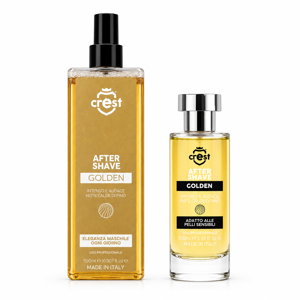 CREST After Shave Golden dopobarba uomo 100 ml vetro e 500 ml plastica