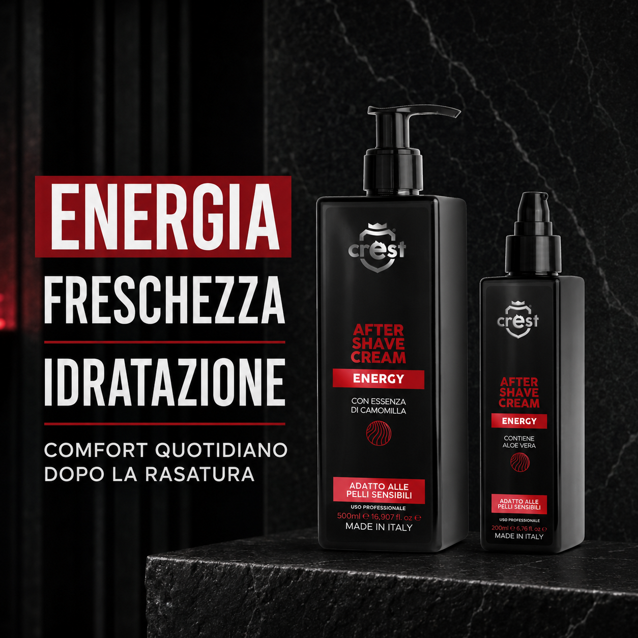 CREST After Shave Cream Energy nei formati 200 ml e 500 ml con riepilogo dei benefici di energia, freschezza e idratazione.