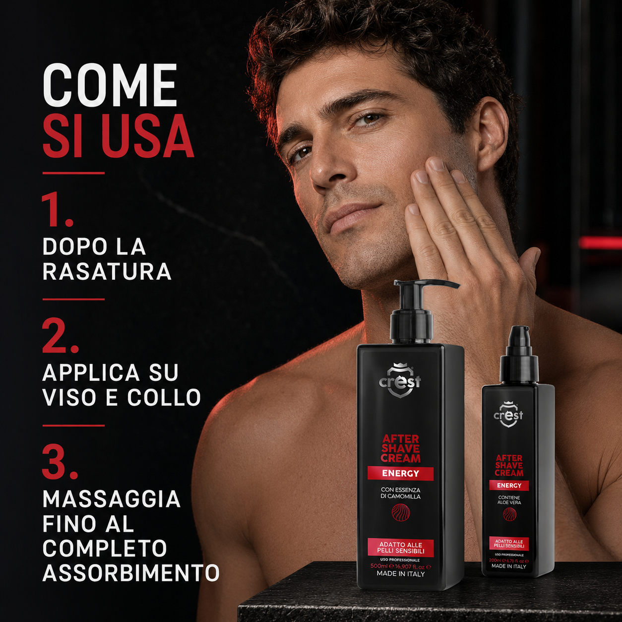 Modalità d’uso di CREST After Shave Cream Energy nei formati 200 ml e 500 ml, con un uomo che applica il dopobarba su viso e collo.