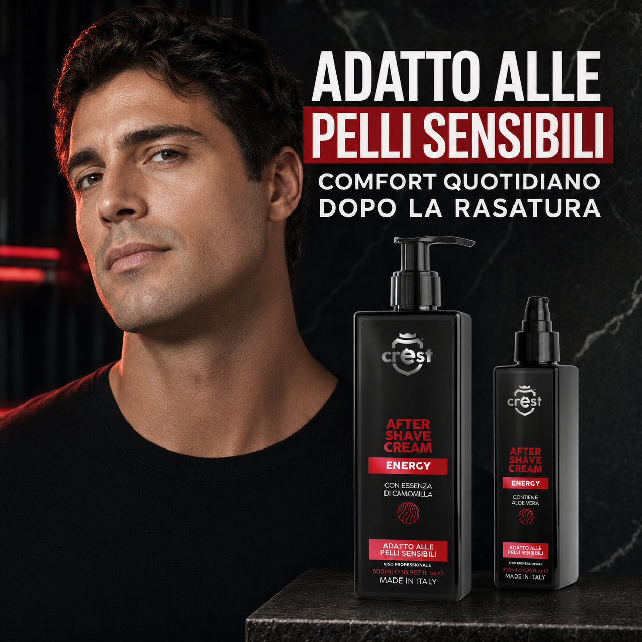 CREST After Shave Cream Energy nei formati 200 ml e 500 ml accanto a un uomo appena rasato, con indicazione di prodotto adatto alle pelli sensibili.