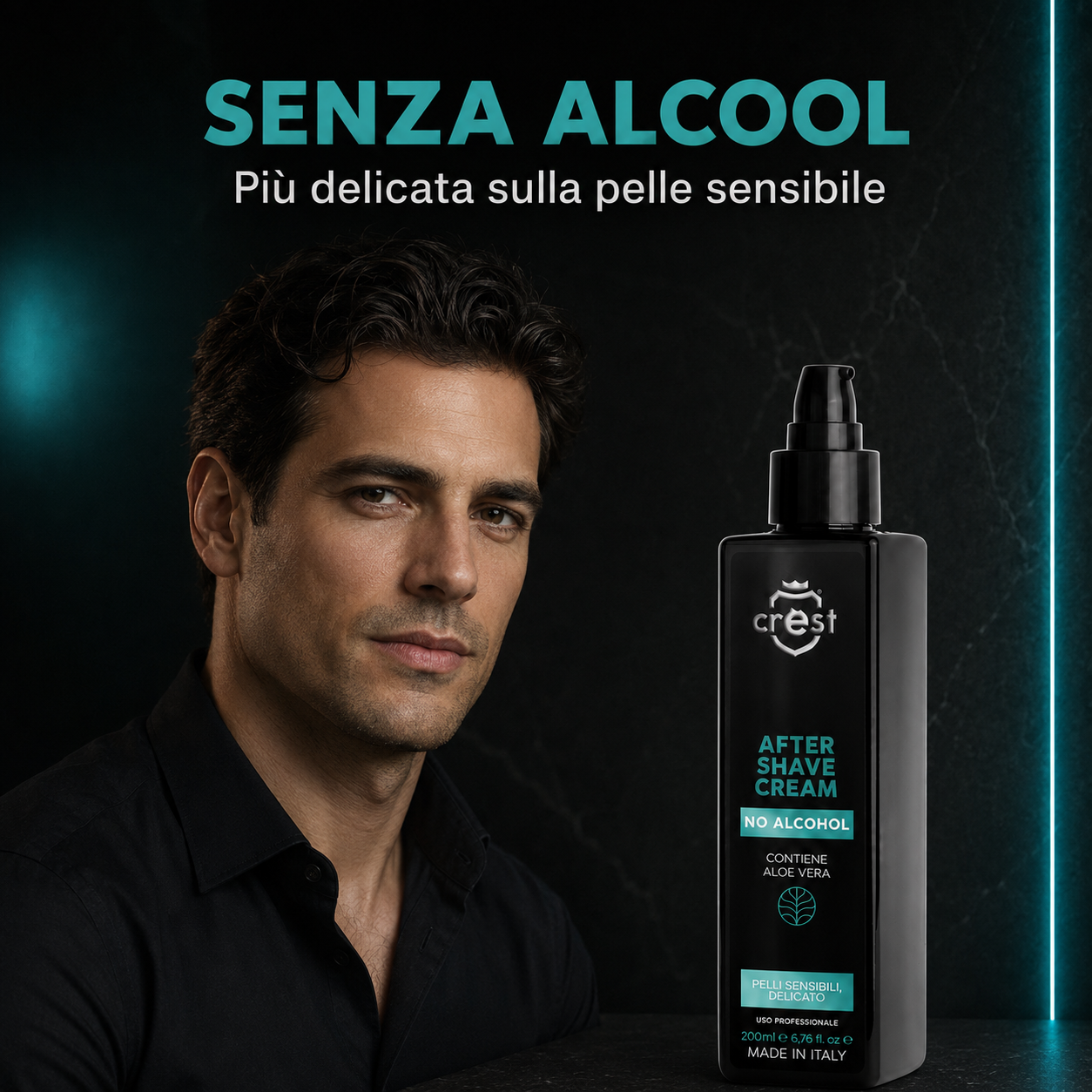 Uomo con pelle curata accanto al flacone da 200 ml di CREST After Shave Cream No Alcohol, formula delicata per pelli sensibili.