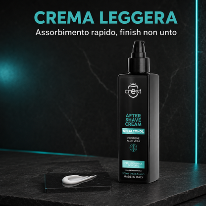 Flacone da 200 ml di CREST After Shave Cream No Alcohol accanto a una piccola quantità di crema bianca dalla texture leggera.