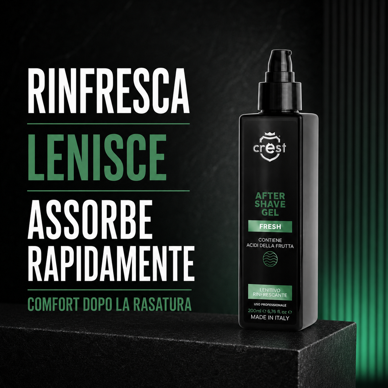 CREST After Shave Gel Fresh 200 ml con riepilogo dei benefici rinfrescante, lenitivo e a rapido assorbimento.