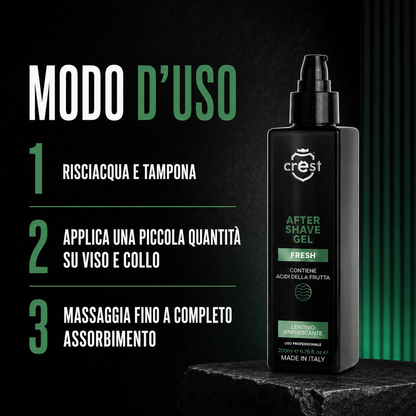 CREST After Shave Gel Fresh 200 ml con modalità d’uso in tre passaggi per l’applicazione su viso e collo dopo la rasatura.