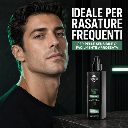 CREST After Shave Gel Fresh 200 ml accanto a un uomo appena rasato, indicato per rasature frequenti e pelle sensibile o facilmente arrossata.