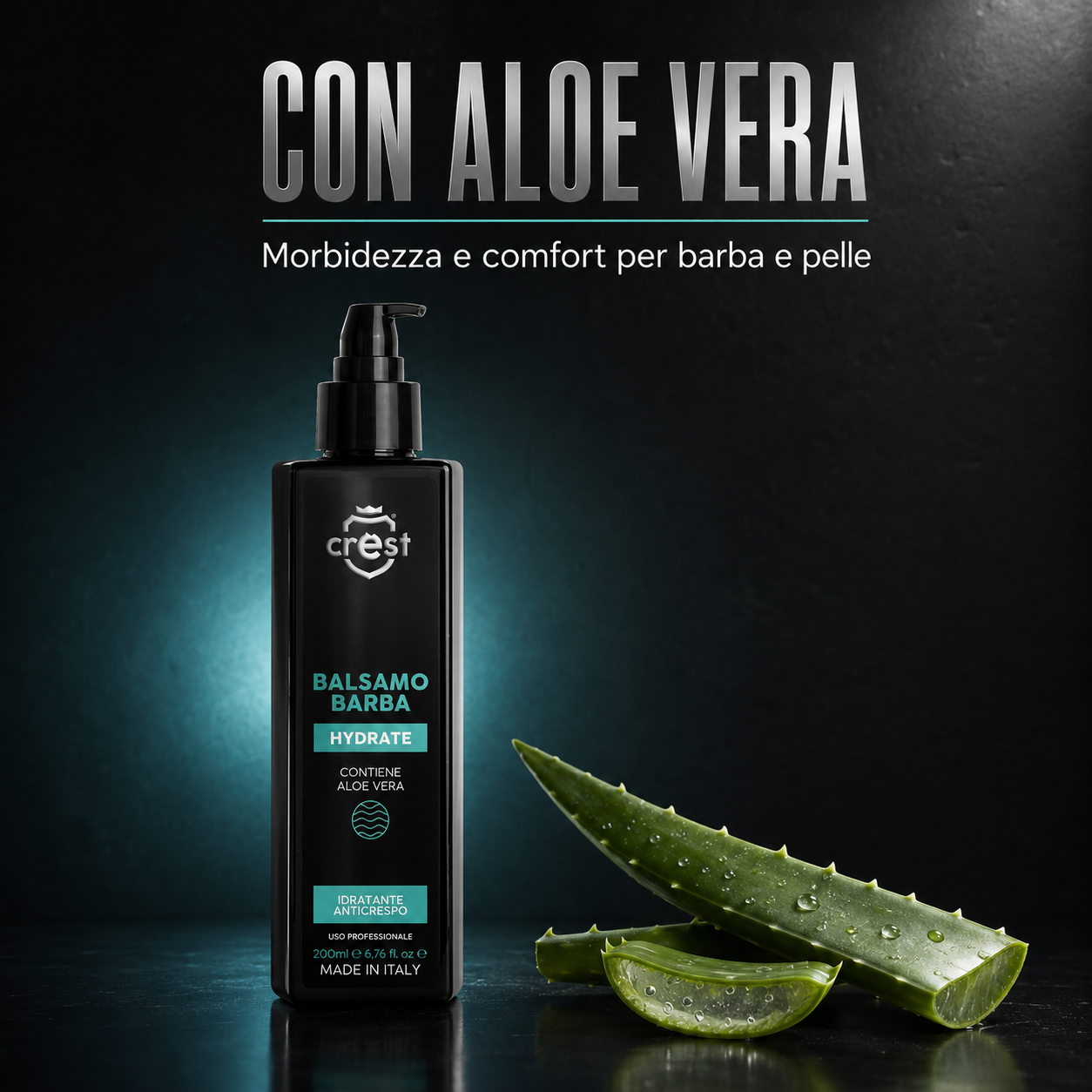 CREST Beard Balm da 200 ml con foglie di Aloe Vera per rappresentare morbidezza e comfort di barba e pelle.