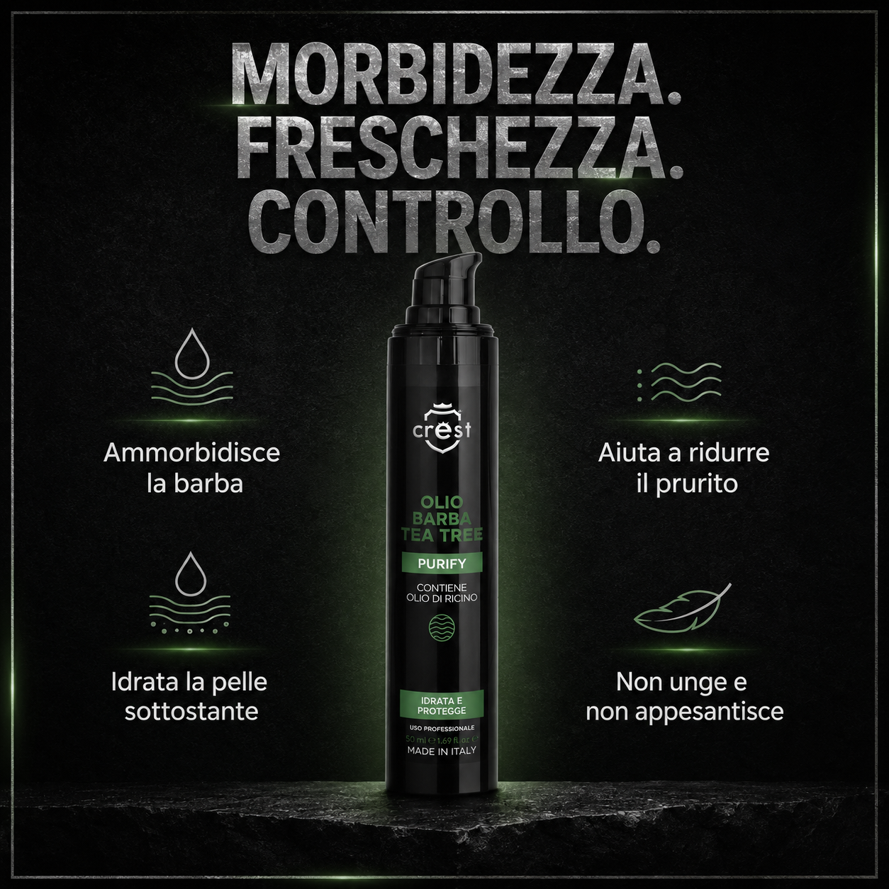 CREST Beard Oil Tea Tree da 50 ml con quattro benefici per barba e pelle: morbidezza, idratazione, riduzione del prurito e texture non appesantente.
