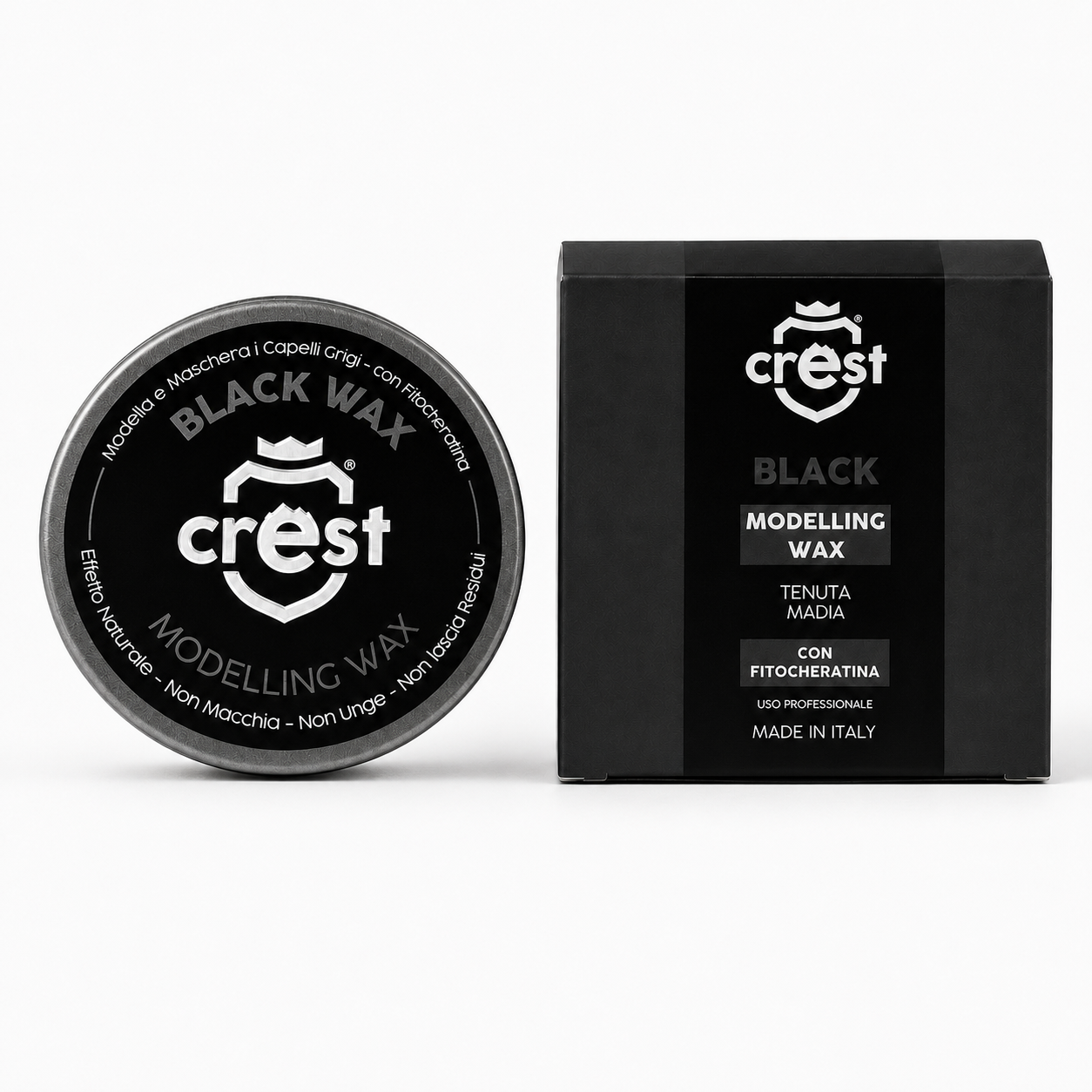 Crest Black Wax cera modellante tenuta media con fitocheratina, confezione chiusa con scatola su sfondo bianco.