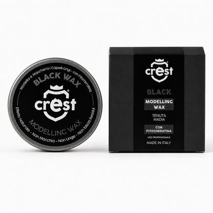Crest Black Wax cera modellante tenuta media con fitocheratina, confezione chiusa con scatola su sfondo bianco.