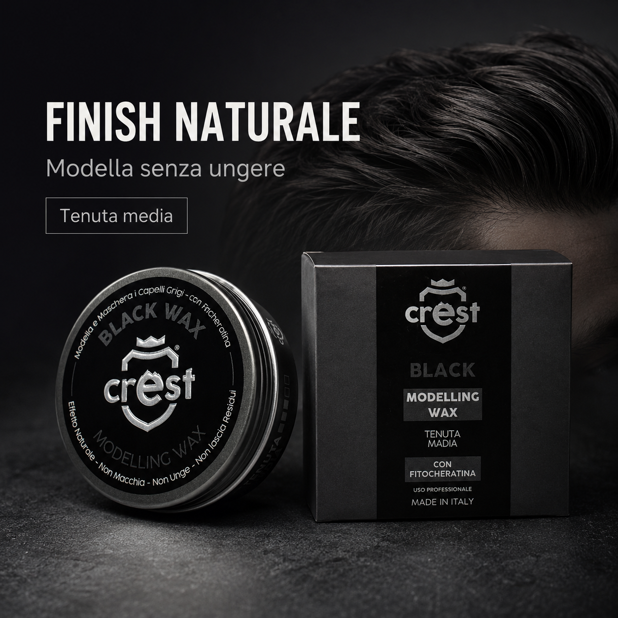 Crest Black Wax cera modellante per capelli con finish naturale, tenuta media e risultato senza effetto unto.