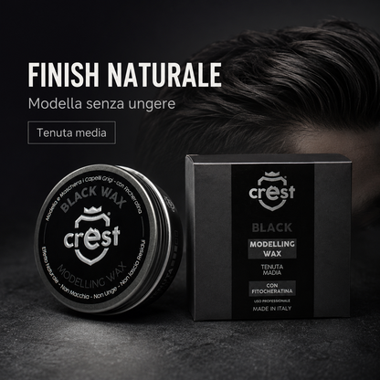 Crest Black Wax cera modellante per capelli con finish naturale, tenuta media e risultato senza effetto unto.