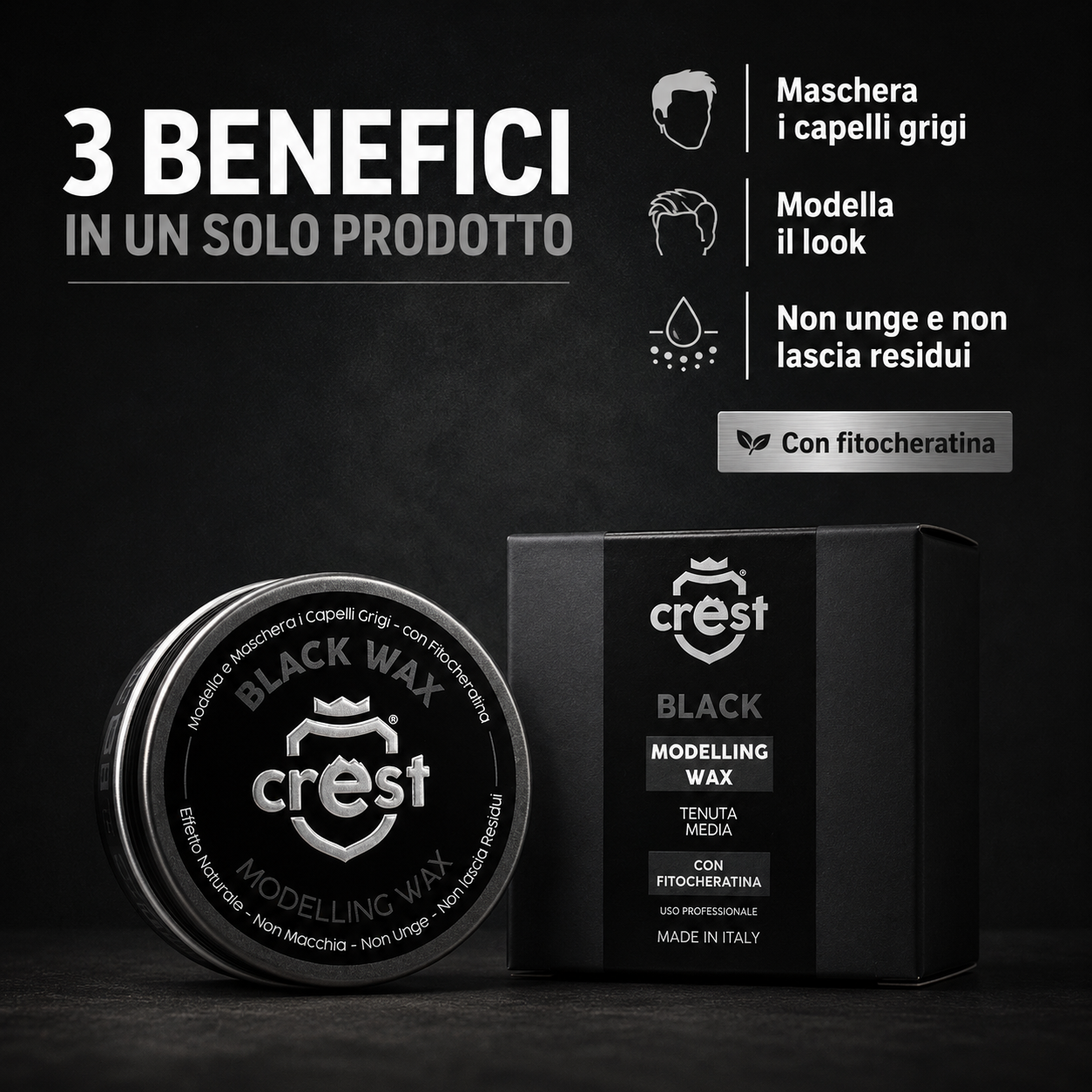 Crest Black Wax cera modellante con fitocheratina, maschera i capelli grigi, modella il look e non lascia residui.