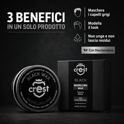Crest Black Wax cera modellante con fitocheratina, maschera i capelli grigi, modella il look e non lascia residui.