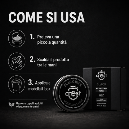 Crest Black Wax cera modellante per capelli, istruzioni d’uso con applicazione su capelli asciutti o leggermente umidi.