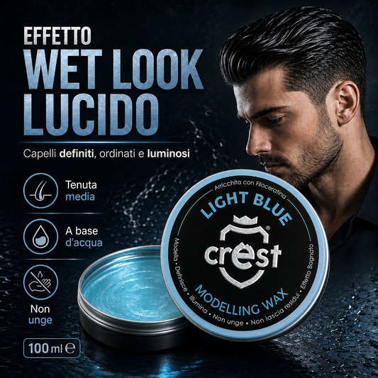 Immagine Shopify della CREST Cera Light Blue 100 ml con effetto wet look lucido, tenuta media, texture a base d’acqua e finish definito, ordinato e luminoso senza ungere.