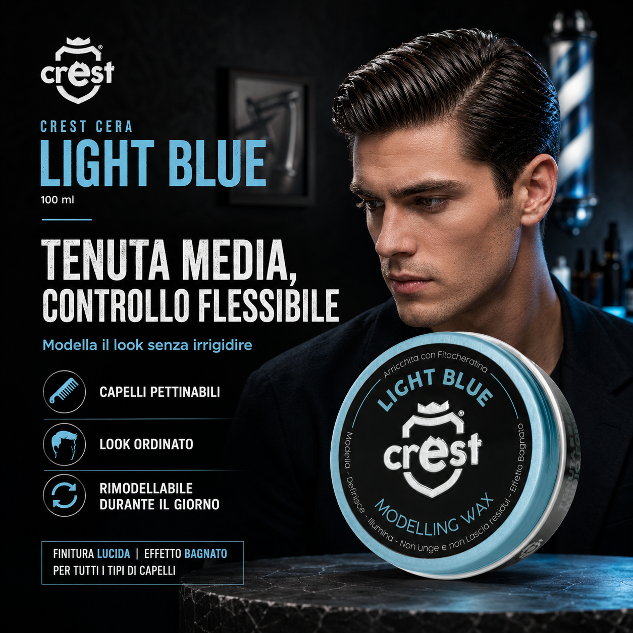 Immagine Shopify della CREST Cera Light Blue 100 ml con focus su tenuta media e controllo flessibile, ideale per capelli pettinabili, look ordinato e styling rimodellabile durante il giorno con effetto lucido wet look.