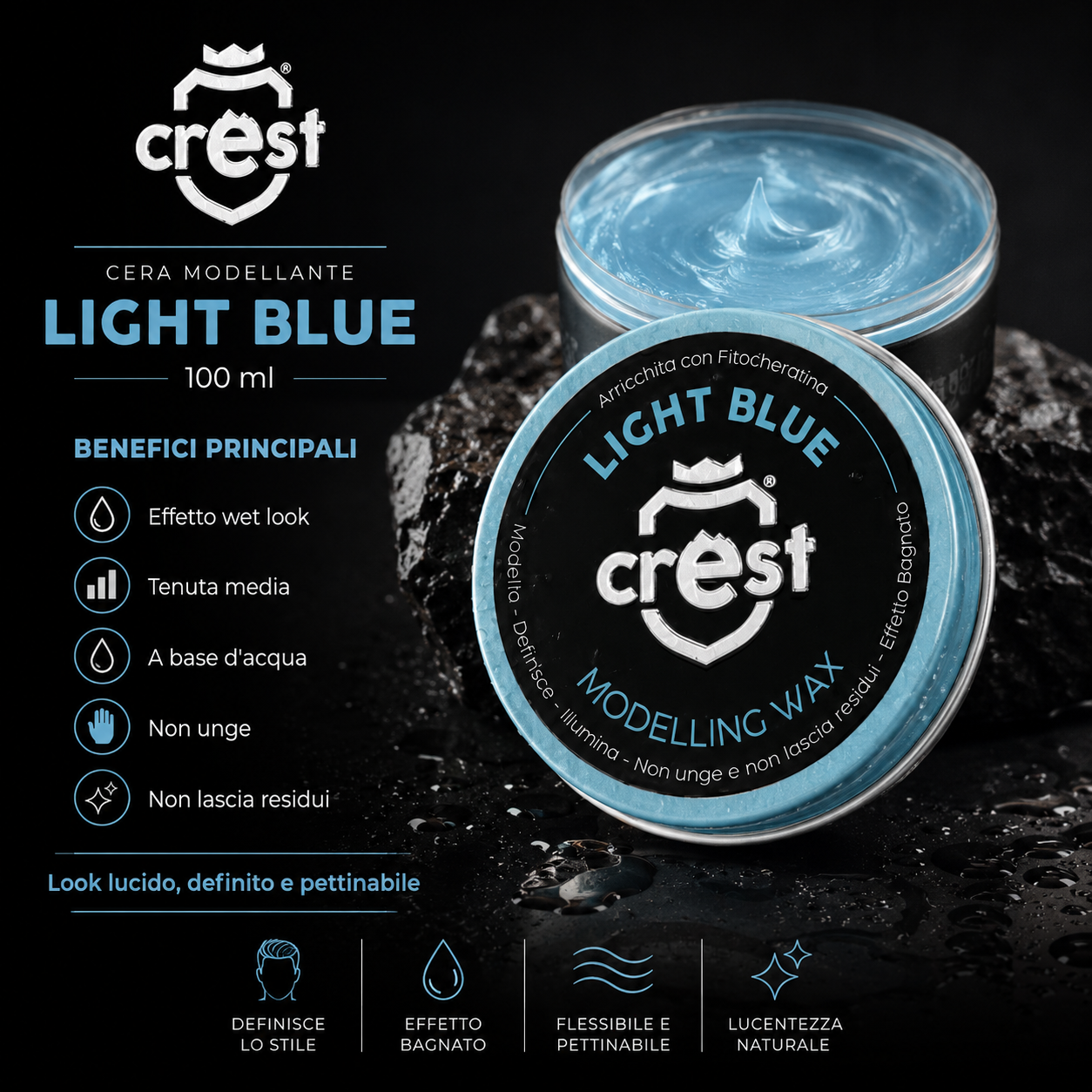 Immagine Shopify della CREST Cera Light Blue 100 ml con focus sui benefici principali: effetto wet look, tenuta media, formula a base d’acqua, non unge e non lascia residui, per un look lucido, definito e pettinabile.