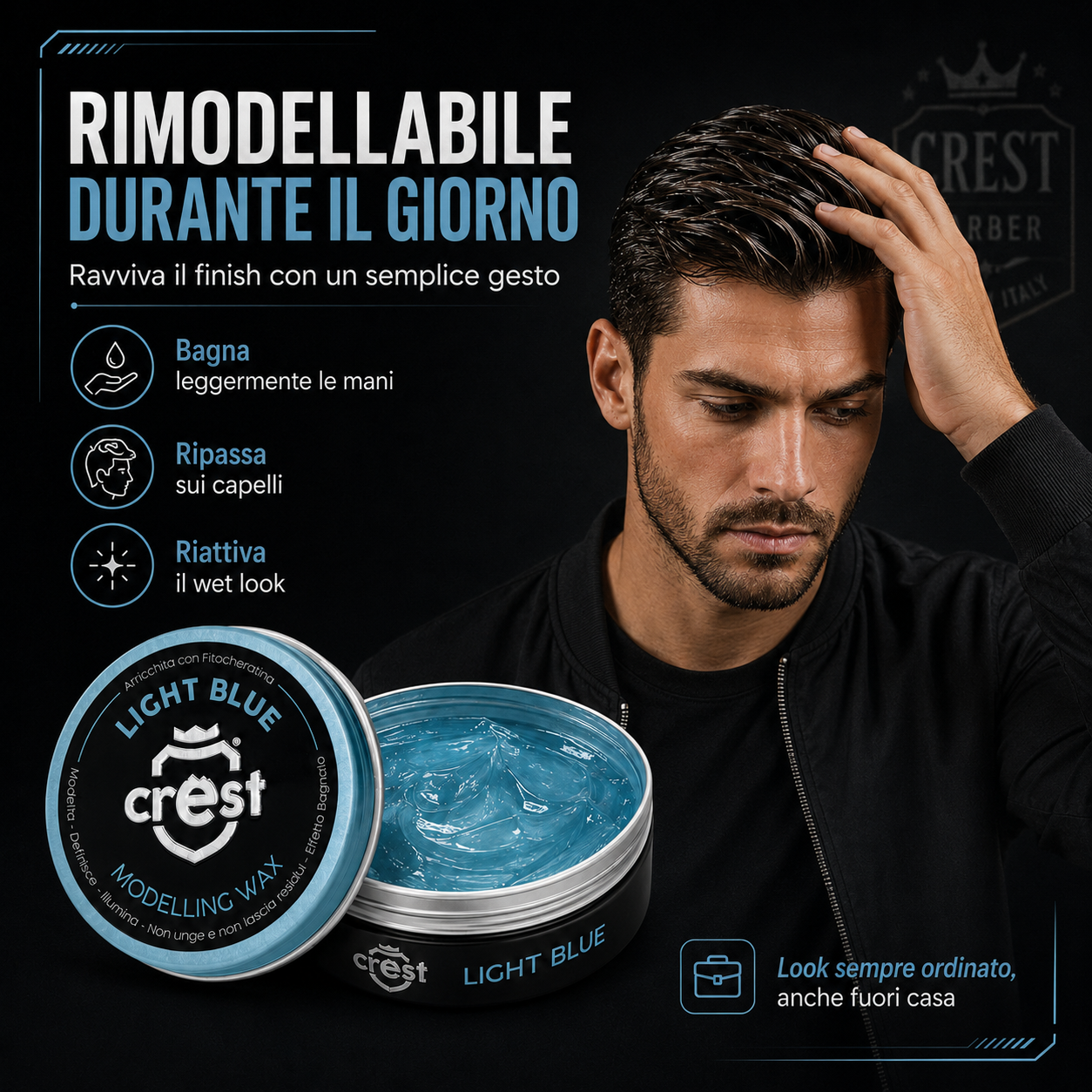 Immagine Shopify della CREST Cera Light Blue 100 ml con focus sulla rimodellabilità durante il giorno, ideale per ravvivare il wet look con mani leggermente bagnate e mantenere un look lucido, ordinato e flessibile.