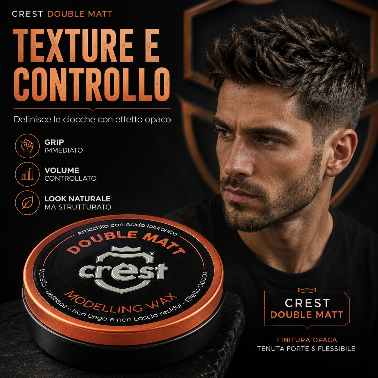 Immagine Shopify della CREST Double Matt cera modellante opaca con focus su texture e controllo, ideale per definire le ciocche con effetto opaco, grip immediato, volume controllato e look naturale ma strutturato.