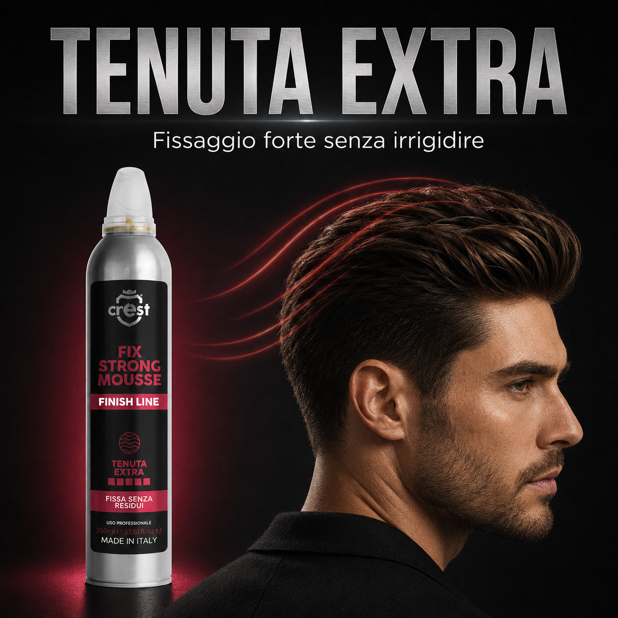 CREST Fix Strong Mousse a tenuta extra con modello maschile dallo styling definito e fissato senza effetto rigido.