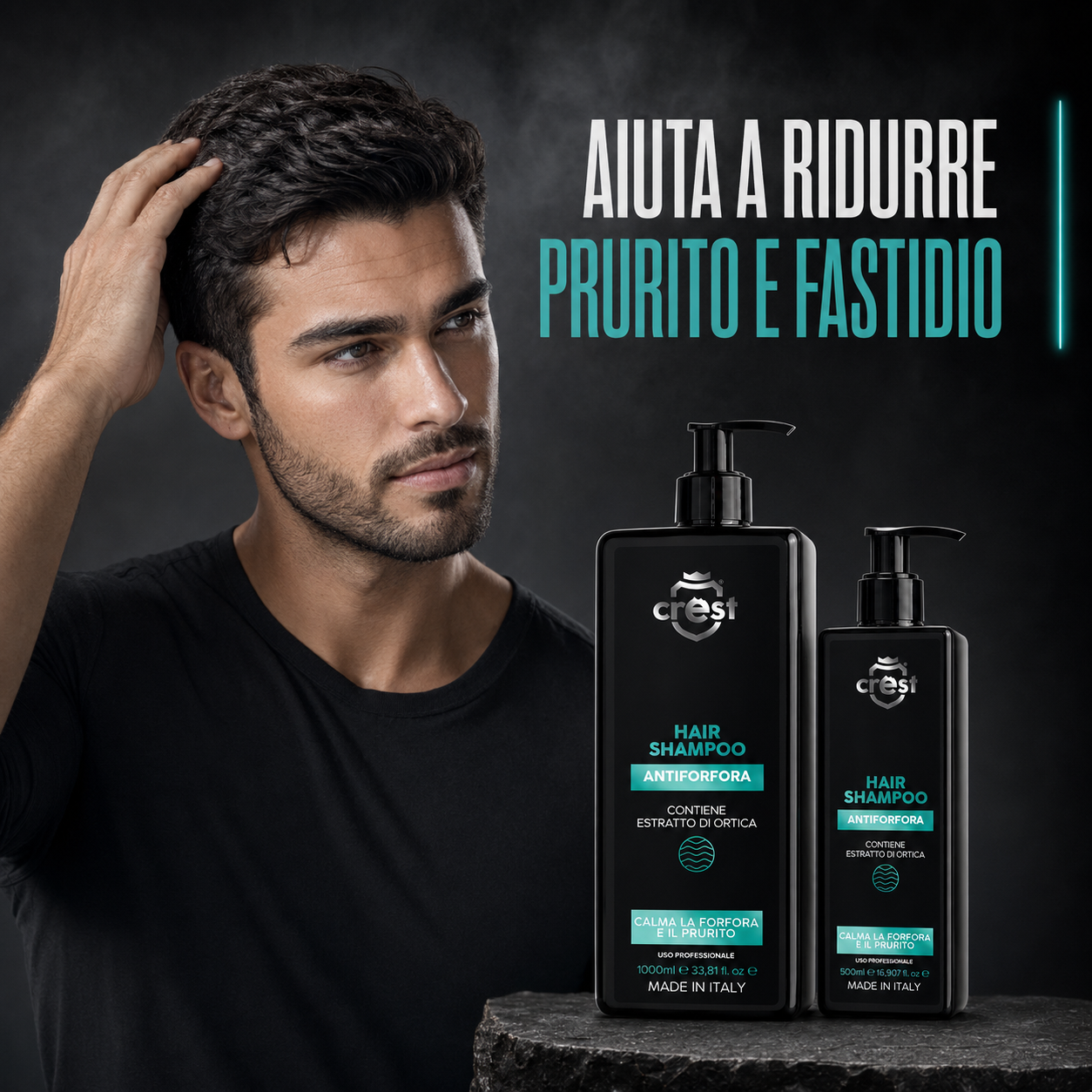 Uomo con capelli scuri accanto ai flaconi CREST Hair Shampoo Antiforfora da 1000 ml e 500 ml, grafica dedicata alla riduzione di prurito e fastidio.