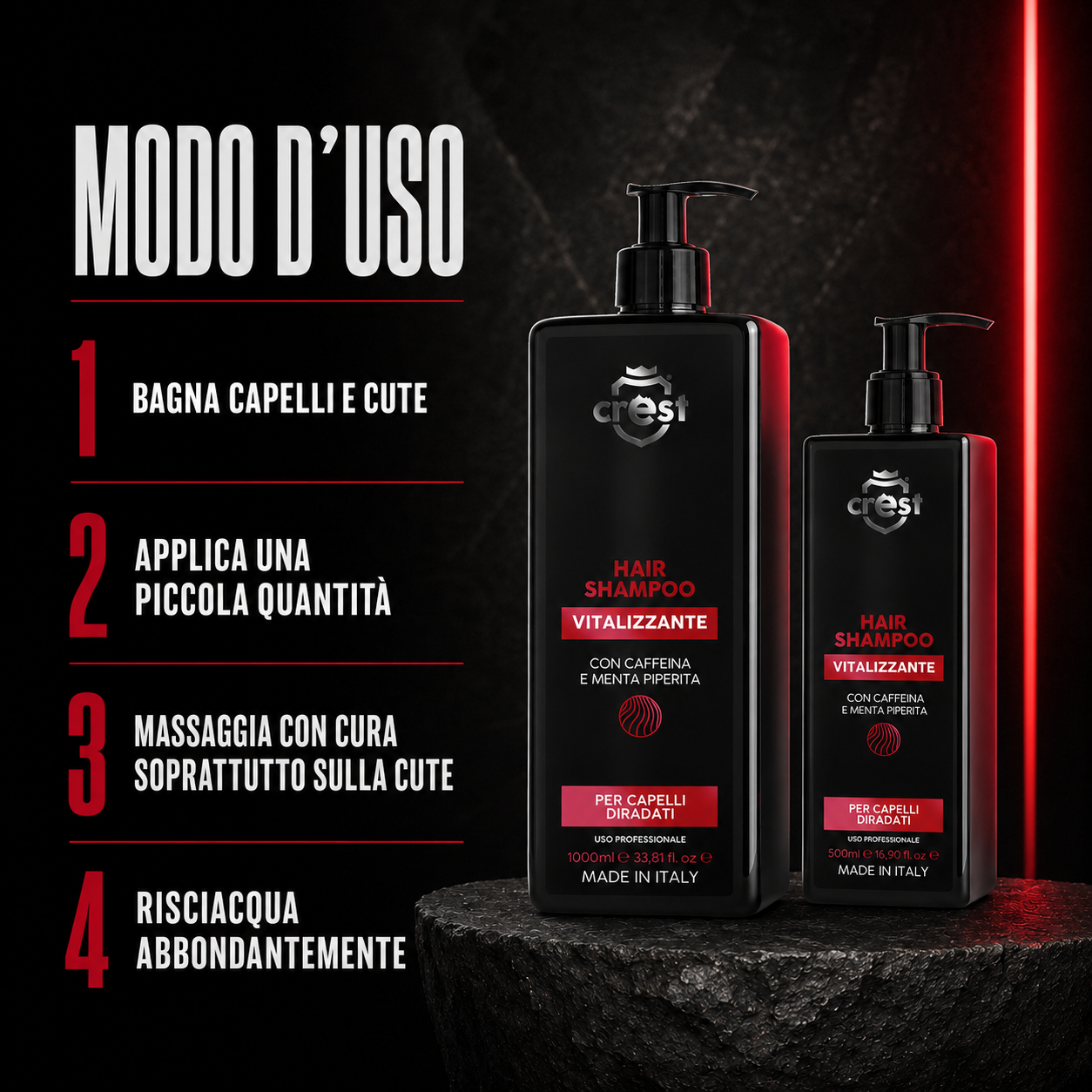Modalità d’uso in quattro passaggi dei flaconi CREST Hair Shampoo Vitalizzante da 1000 ml e 500 ml.