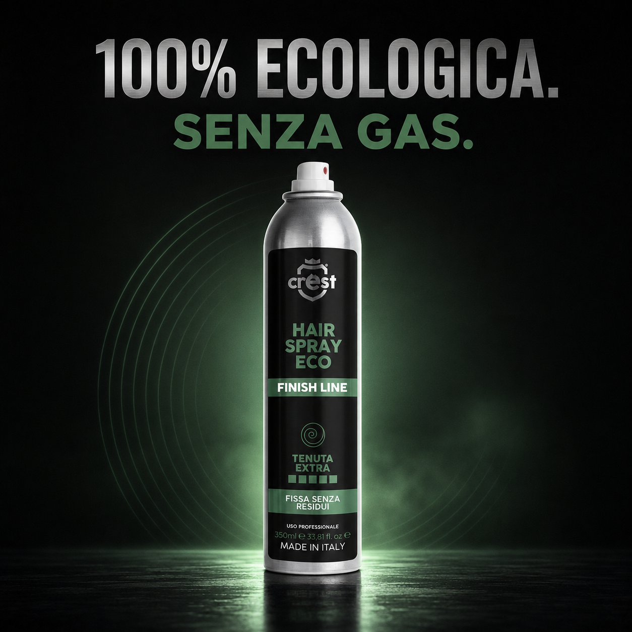 CREST Hair Spray Eco da 350 ml, lacca professionale 100% ecologica e senza gas, su sfondo nero con accenti verdi.