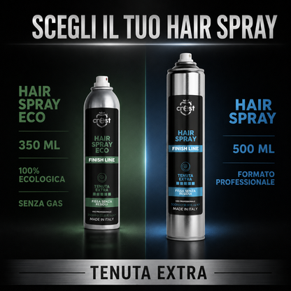 Confronto tra CREST Hair Spray Eco da 350 ml, ecologica e senza gas, e CREST Hair Spray professionale da 500 ml, entrambe a tenuta extra.