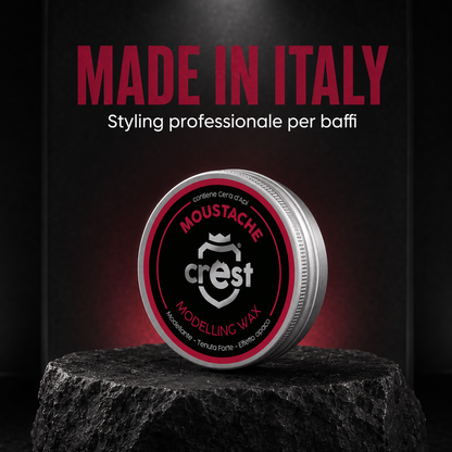 Vasetto di CREST Moustache Wax su pietra scura con la dicitura Made in Italy e styling professionale per baffi.