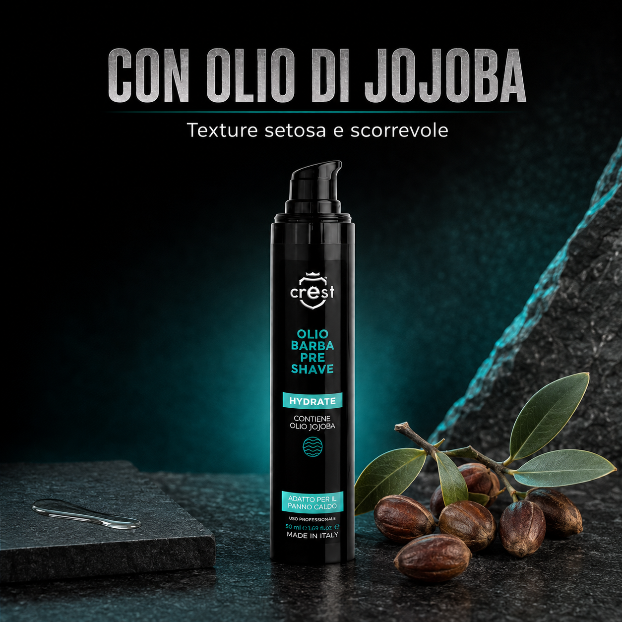 CREST Pre Shave Beard Oil da 50 ml con semi e foglie di jojoba e una texture oleosa trasparente su pietra scura.