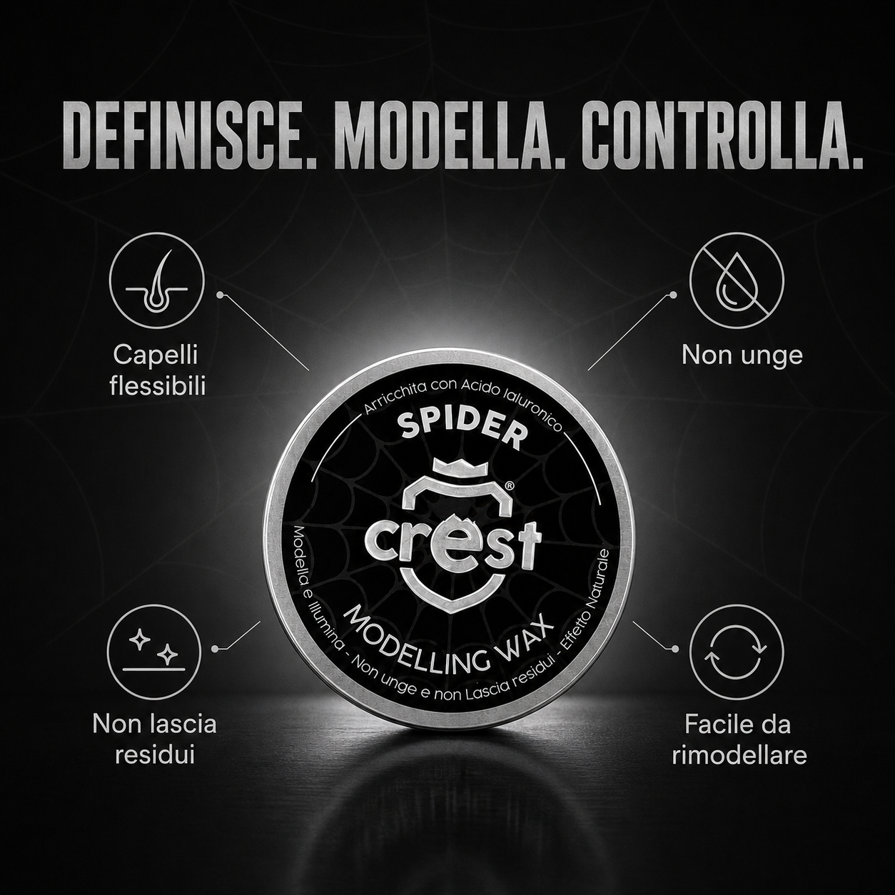 Infografica CREST Spider Wax: definisce, modella e controlla senza ungere o lasciare residui, mantenendo i capelli flessibili.