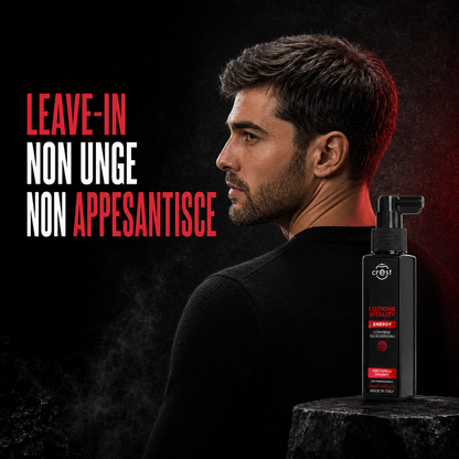 Uomo con capelli corti dall’aspetto naturale accanto al flacone CREST Vitality Lotion Energy da 100 ml, trattamento leave-in che non unge e non appesantisce.