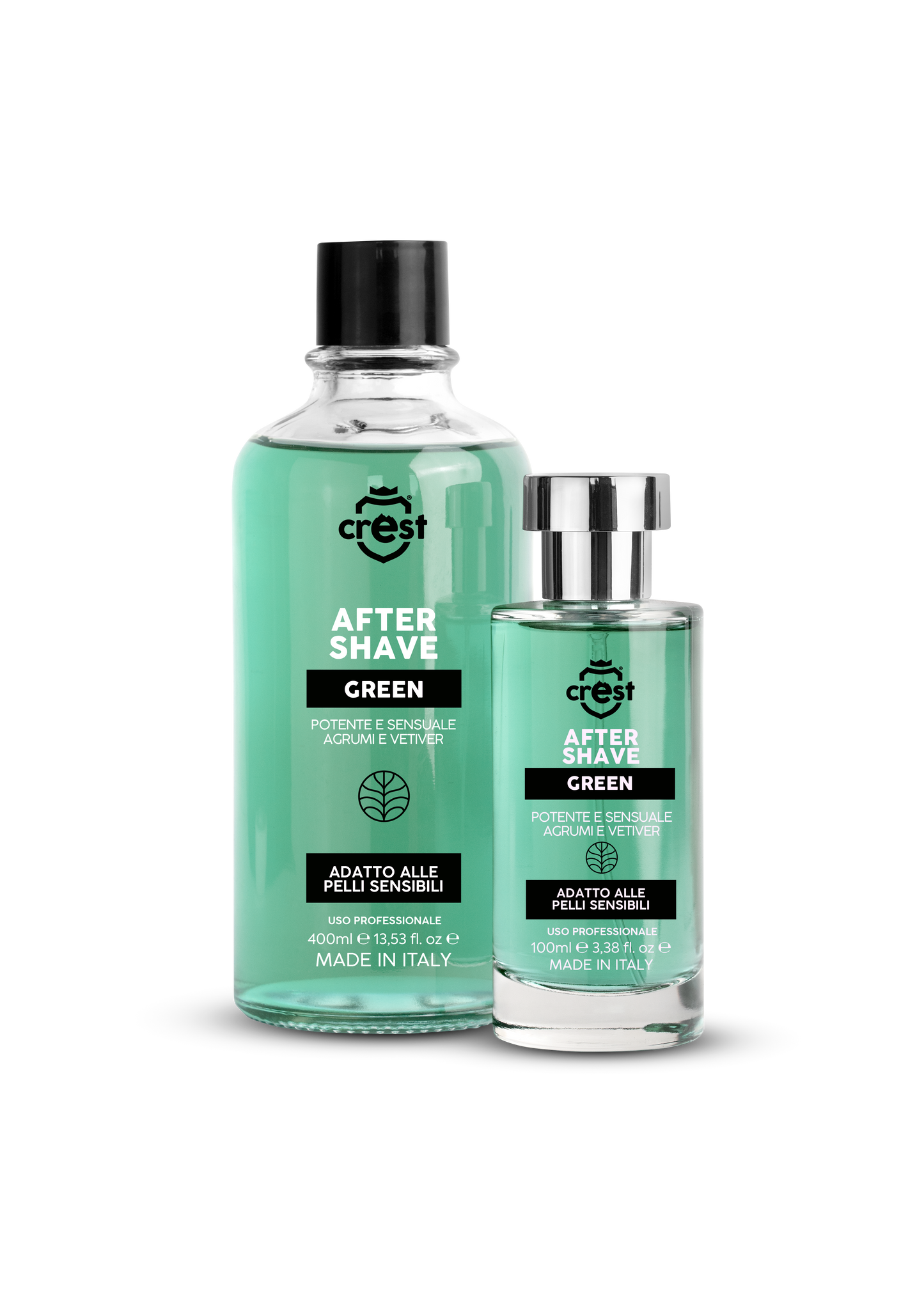 CREST After Shave Green in vetro da 100 ml e 400 ml affiancati su sfondo pulito